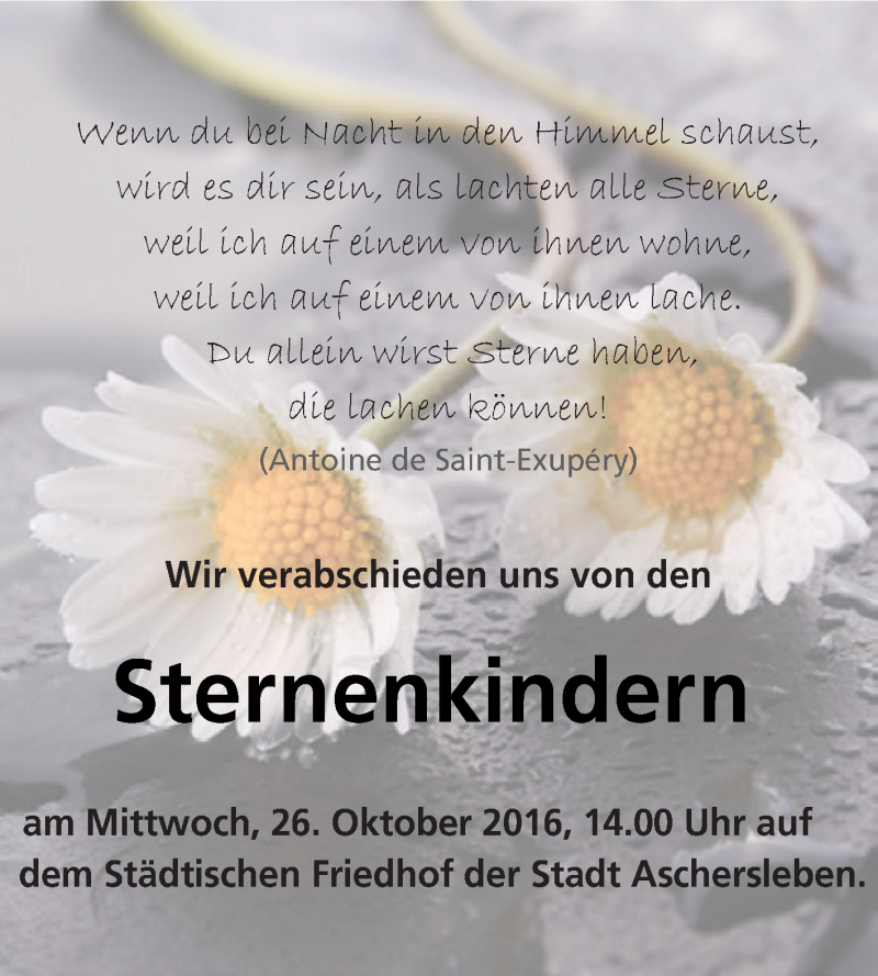  Traueranzeige für Sternenkinder  vom 08.10.2016 aus Super Sonntag Aschersleben