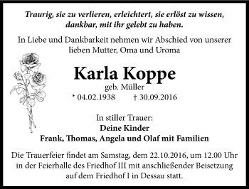 Traueranzeige von Karla Koppe von Mitteldeutsche Zeitung Dessau-Roßlau