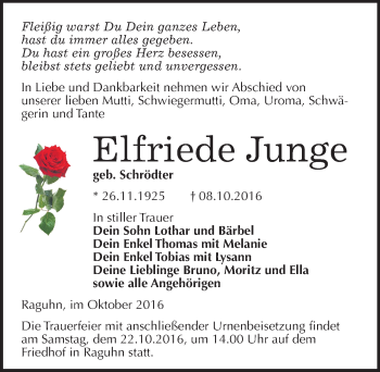Traueranzeige von Elfriede Junge von Mitteldeutsche Zeitung Bitterfeld