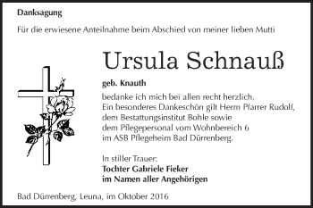 Traueranzeige von Ursula Schnauß von WVG - Wochenspiegel Merseburg