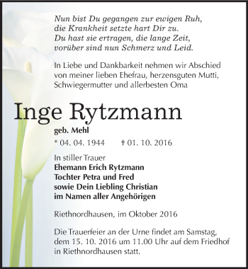 Traueranzeige von Inge Rytzmann von Mitteldeutsche Zeitung Sangerhausen