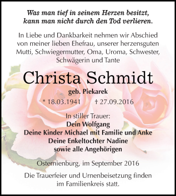 Traueranzeige von Christa Schmidt von WVG - Wochenspiegel Dessau / Köthen
