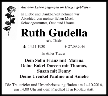 Traueranzeige von Ruth Gudella von WVG - Wochenspiegel Dessau / Köthen