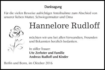 Traueranzeige von Hannelore Rudloff von WVG - Wochenspiegel Dessau / Köthen