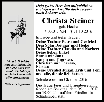 Traueranzeige von Christa Steiner von Mitteldeutsche Zeitung Aschersleben