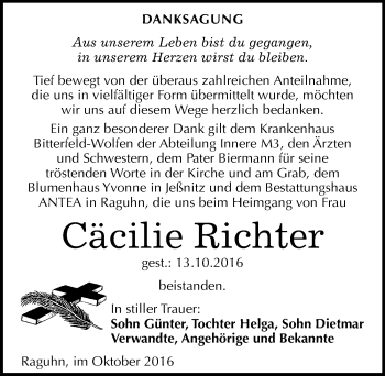 Traueranzeige von Cäcilie Richter von Mitteldeutsche Zeitung Bitterfeld