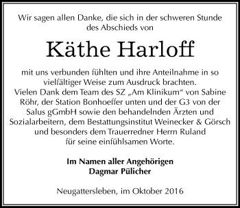 Traueranzeige von Käthe Harloff von Mitteldeutsche Zeitung Bernburg
