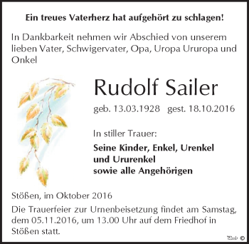 Traueranzeige von Rudolf Sailer von Mitteldeutsche Zeitung Weißenfels