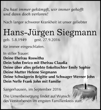 Traueranzeige von Hans-Jürgen Siegmann von Mitteldeutsche Zeitung Sangerhausen