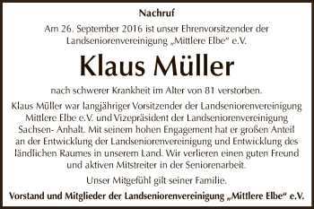 Traueranzeige von Klaus Müller von Super Sonntag Dessau / Köthen