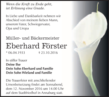 Traueranzeige von Eberhard Förster von WVG - Wochenspiegel Wittenberg