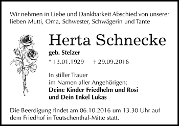 Traueranzeige von Herta Schnecke von Mitteldeutsche Zeitung Halle/Saalkreis