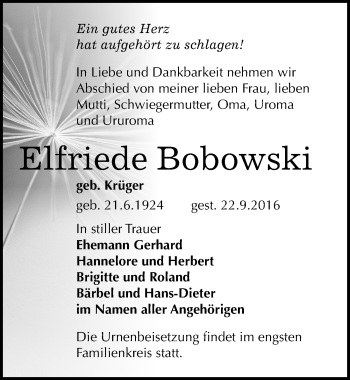 Traueranzeige von Elfriede Bobowski von Mitteldeutsche Zeitung Halle/Saalkreis