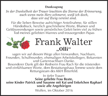 Traueranzeige von Frank Walter von WVG - Wochenspiegel Bitterfeld