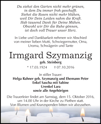 Traueranzeige von Irmgard Szymanzig von WVG - Wochenspiegel Dessau / Köthen