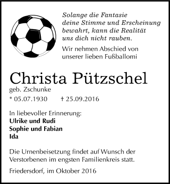Traueranzeige von Christa Pützschel von Mitteldeutsche Zeitung Bitterfeld