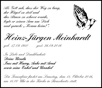 Traueranzeige von Heinz-Jürgen Meinhardt von Mitteldeutsche Zeitung Halle/Saalkreis
