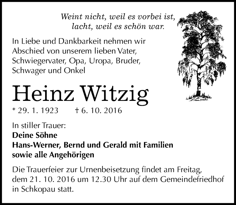  Traueranzeige für Heinz Witzig vom 12.10.2016 aus Mitteldeutsche Zeitung Halle/Saalkreis