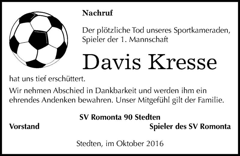  Traueranzeige für Davis Kresse vom 08.10.2016 aus Mitteldeutsche Zeitung