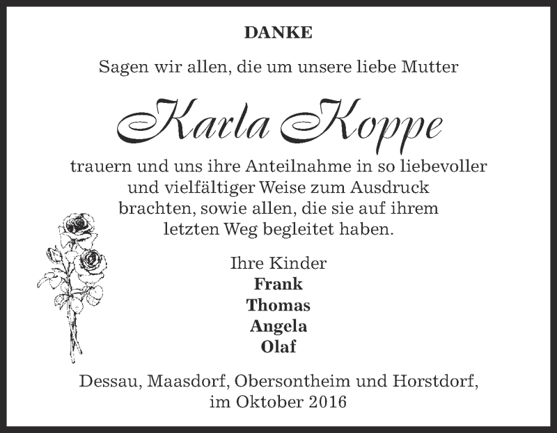  Traueranzeige für Karla Koppe vom 29.10.2016 aus WVG - Wochenspiegel Dessau / Köthen