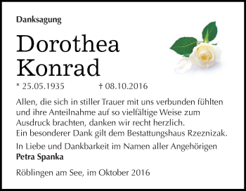 Traueranzeige von Dorothea Konrad von Super Sonntag SGH Mansf. Land