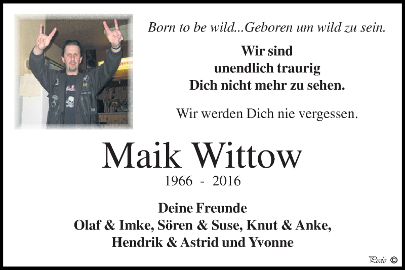  Traueranzeige für Maik Wittow vom 29.10.2016 aus Super Sonntag Zeitz