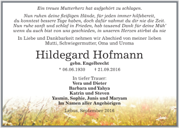 Traueranzeige von Hildegard Hofmann von Mitteldeutsche Zeitung Naumburg/Nebra