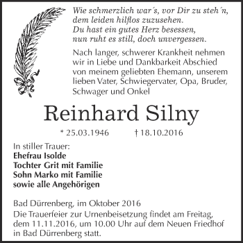 Traueranzeige von Reinhard Silny von Super Sonntag Merseburg