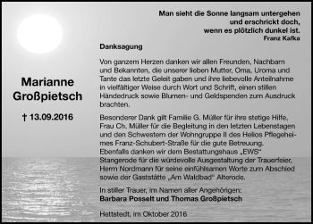 Traueranzeige von Marianne Großpietsch von Mitteldeutsche Zeitung Mansfelder Land
