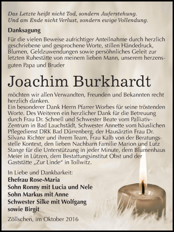 Traueranzeige von Joachim Burkhardt von Super Sonntag Merseburg