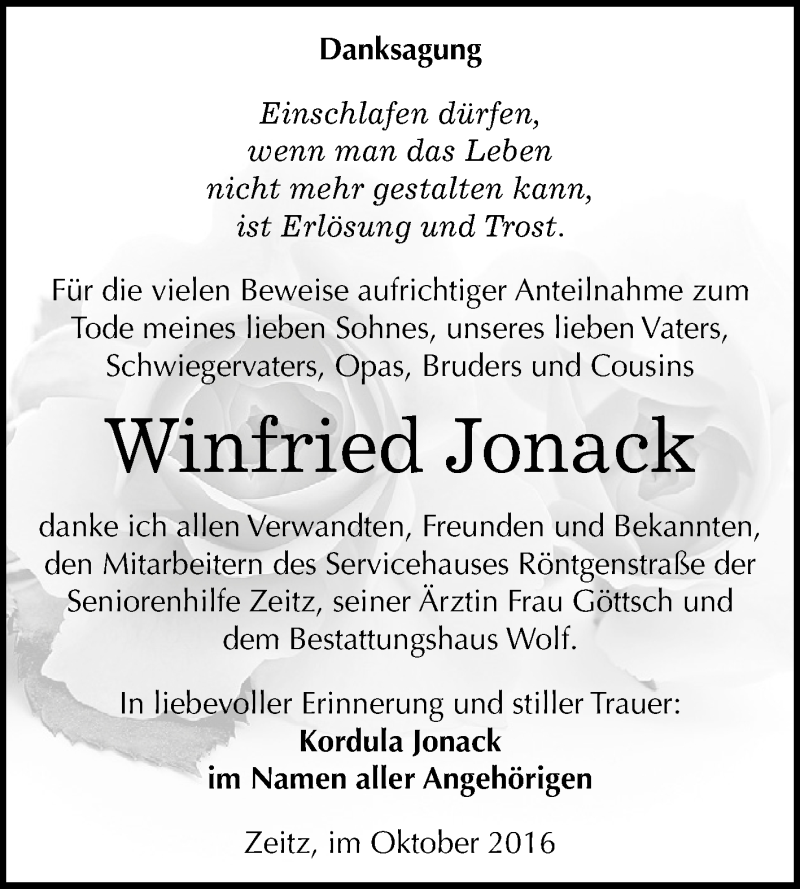  Traueranzeige für Winfried Jonack vom 22.10.2016 aus Super Sonntag Zeitz