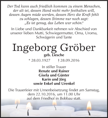 Traueranzeige von Ingeborg Gröber von Mitteldeutsche Zeitung Bitterfeld