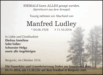 Traueranzeige von Manfred Ludley von WVG - Wochenspiegel Wittenberg