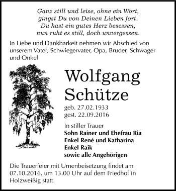 Traueranzeige von Wolfgang Schütze von Mitteldeutsche Zeitung Bitterfeld