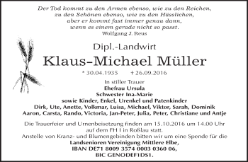 Traueranzeige von Klaus-Michael Müller von WVG - Wochenspiegel Wittenberg