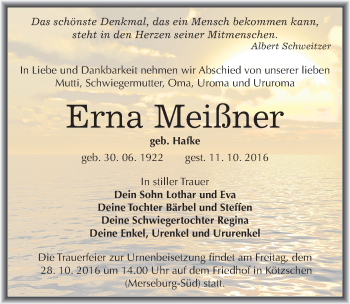 Traueranzeige von Erna Meißner von Mitteldeutsche Zeitung Merseburg/Querfurt