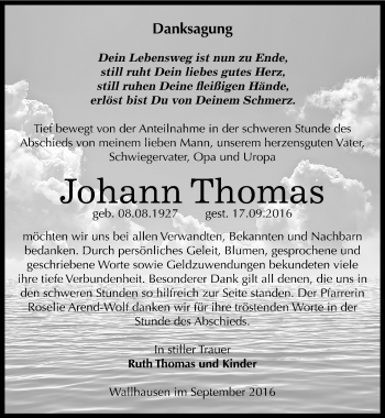 Traueranzeige von Johann Thomas von Mitteldeutsche Zeitung Sangerhausen