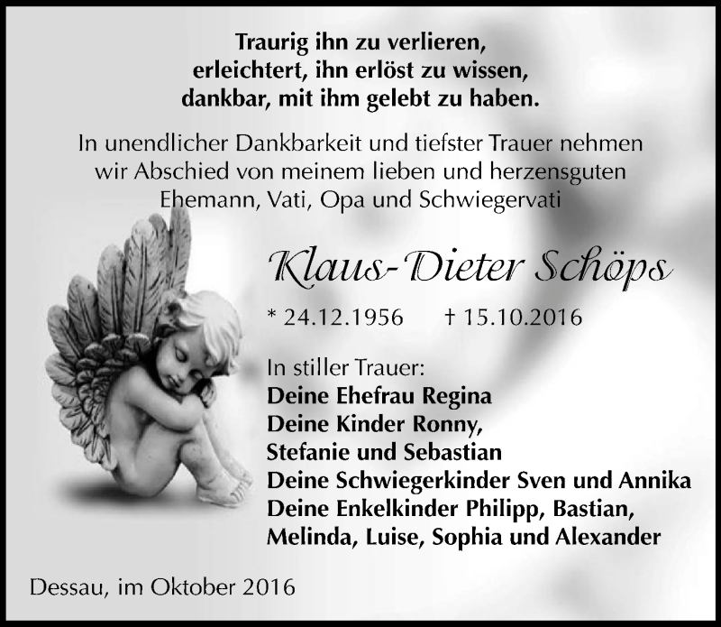  Traueranzeige für KLaus-Dieter Schöps vom 25.10.2016 aus Mitteldeutsche Zeitung Dessau-Roßlau