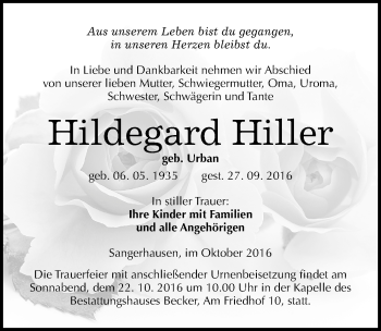 Traueranzeige von Hildegard Hiller von Mitteldeutsche Zeitung Sangerhausen