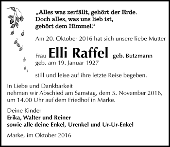 Traueranzeige von Elli Raffel von Mitteldeutsche Zeitung Bitterfeld