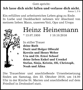 Traueranzeige von Heinz Heinemann von Mitteldeutsche Zeitung Aschersleben