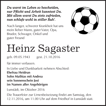 Traueranzeige von Heinz Sagaster von WVG - Wochenspiegel Merseburg