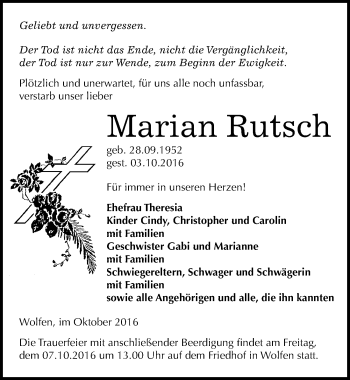 Traueranzeige von Marian Rutsch von Mitteldeutsche Zeitung Bitterfeld
