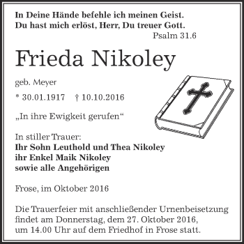 Traueranzeige von Frieda Nikoley von Super Sonntag Aschersleben