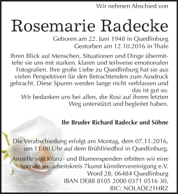 Traueranzeige von Rosemarie Radecke von Mitteldeutsche Zeitung Quedlinburg