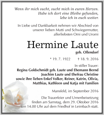Traueranzeige von Hermine Laute von Wochenspiegel Mansfelder Land