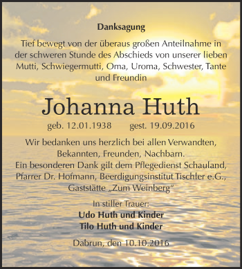 Traueranzeige von Johanna Huth von Super Sonntag Wittenberg