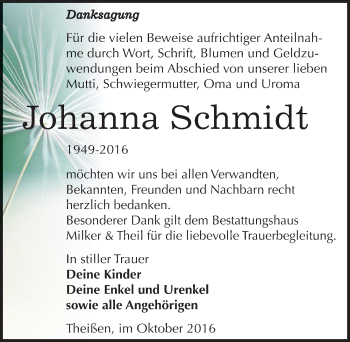 Traueranzeige von Johanna Schmidt von Mitteldeutsche Zeitung Zeitz