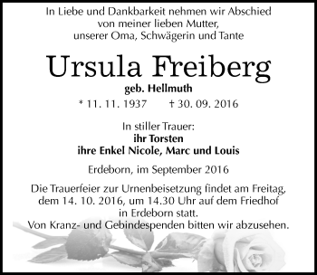 Traueranzeige von Ursula Freiberg von Mitteldeutsche Zeitung Mansfelder Land