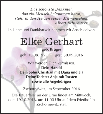 Traueranzeige von Elke Gerhart von WVG - Wochenspiegel Wittenberg